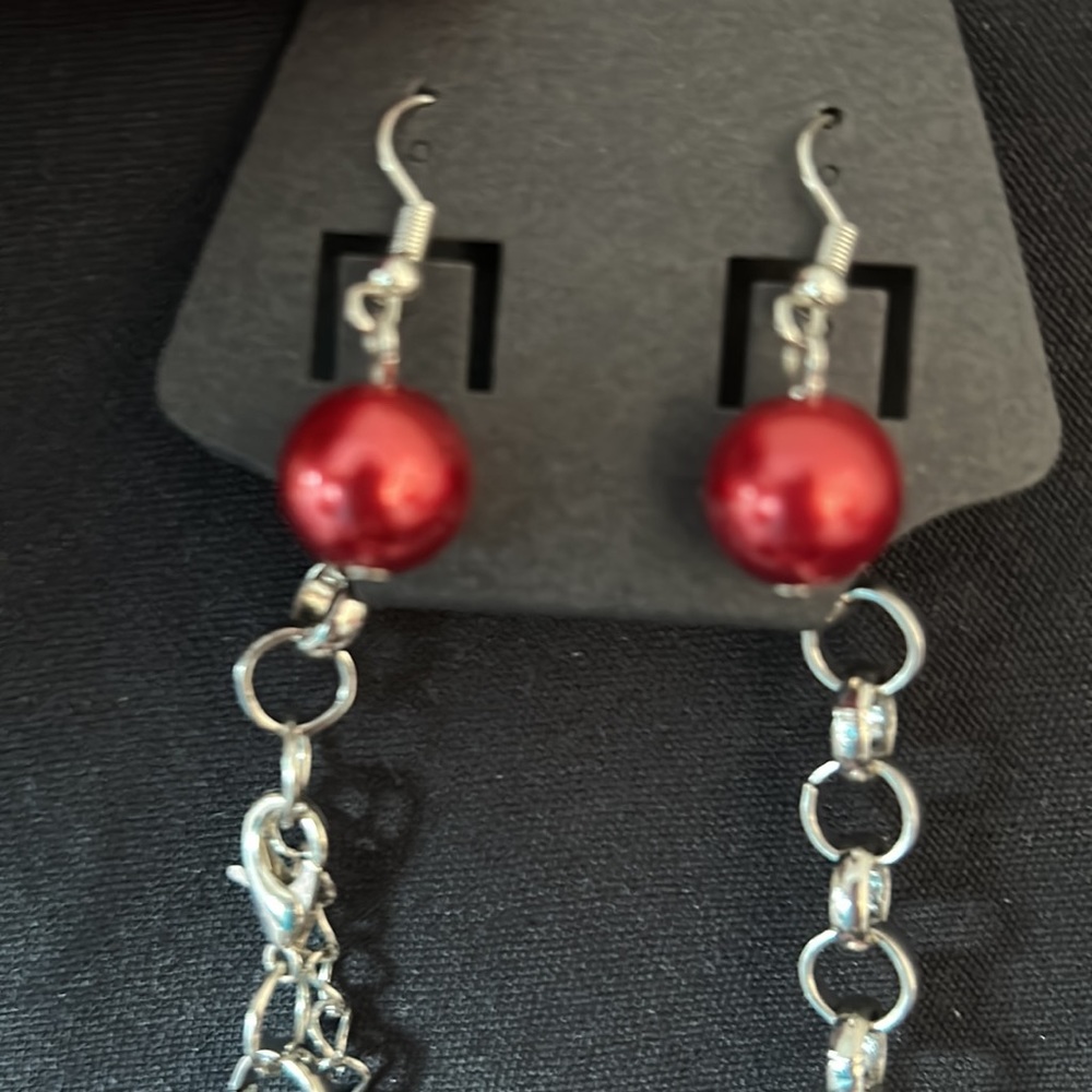 NWT SET Red bauble large bead and chain statement multilayered NECKLACE EARRINGS - Picture 4 of 7